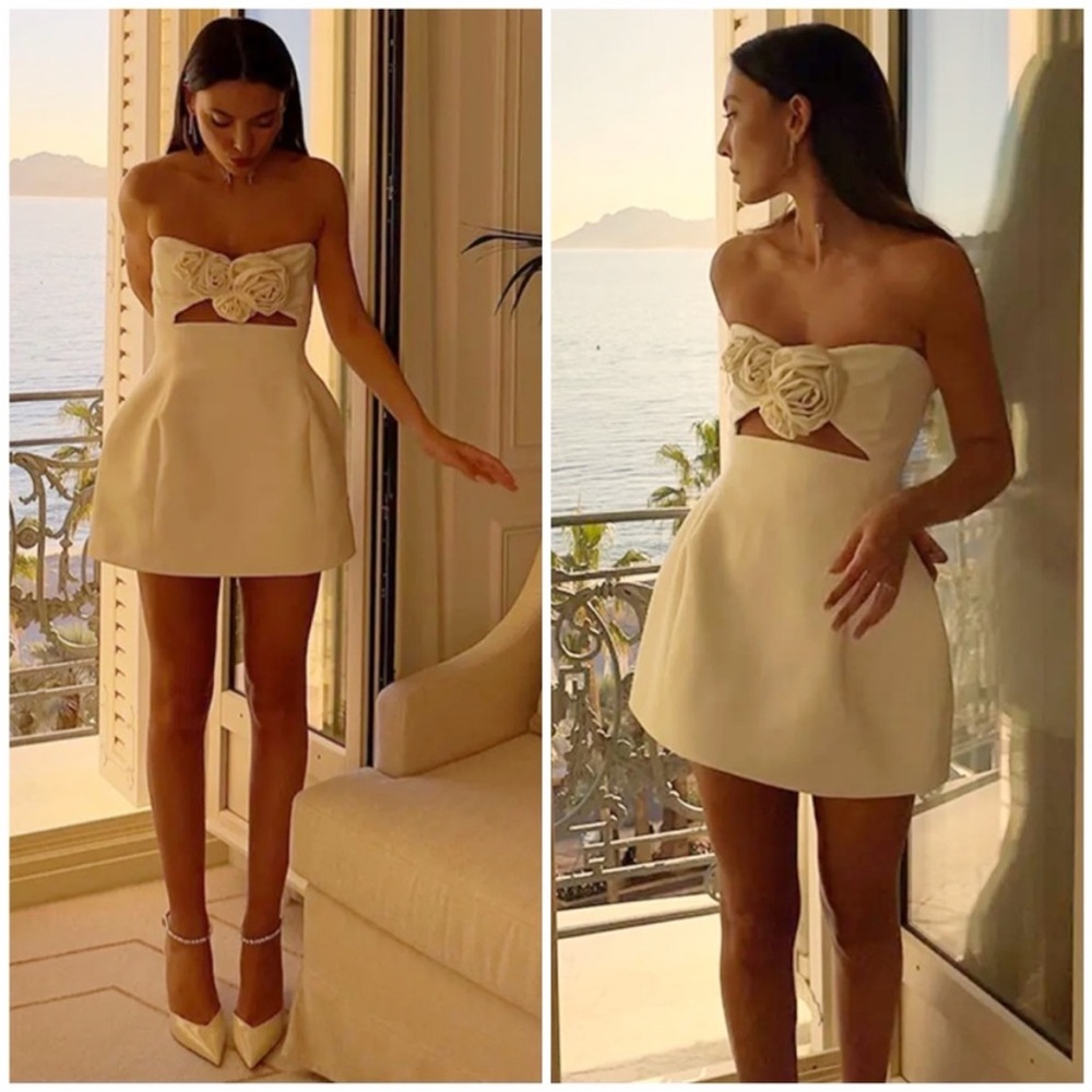 Magda Butrym Floral Appliqué Wool Bustier Bridal Mini Dress Cream